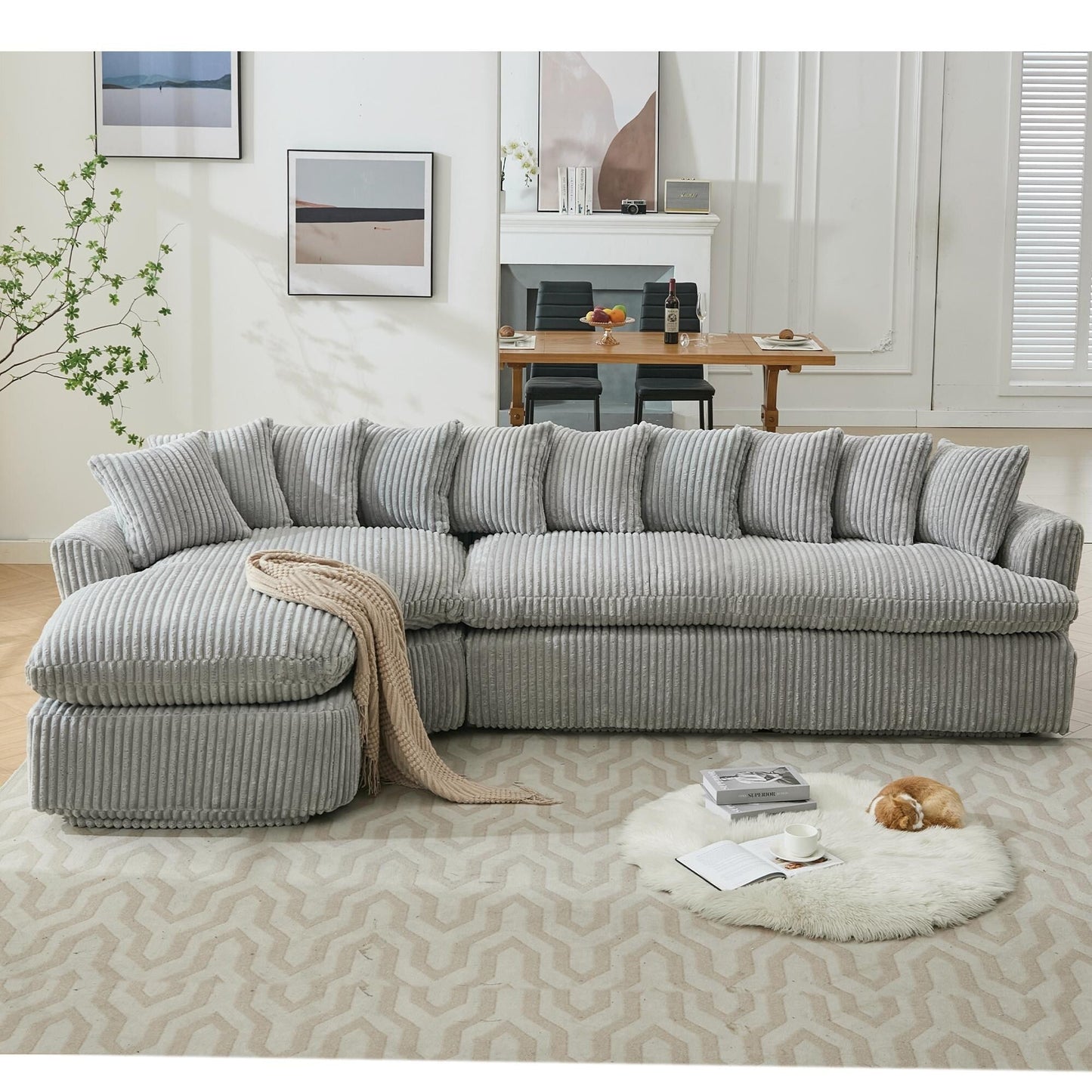 Modern L-Shaped Corduroy 4-Seat Modular Sectional Sofa with Curved Design and Back Cushions for Living Room