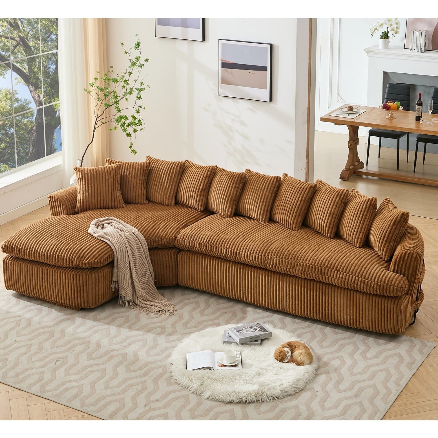Modern L-Shaped Corduroy 4-Seat Modular Sectional Sofa with Curved Design and Back Cushions for Living Room