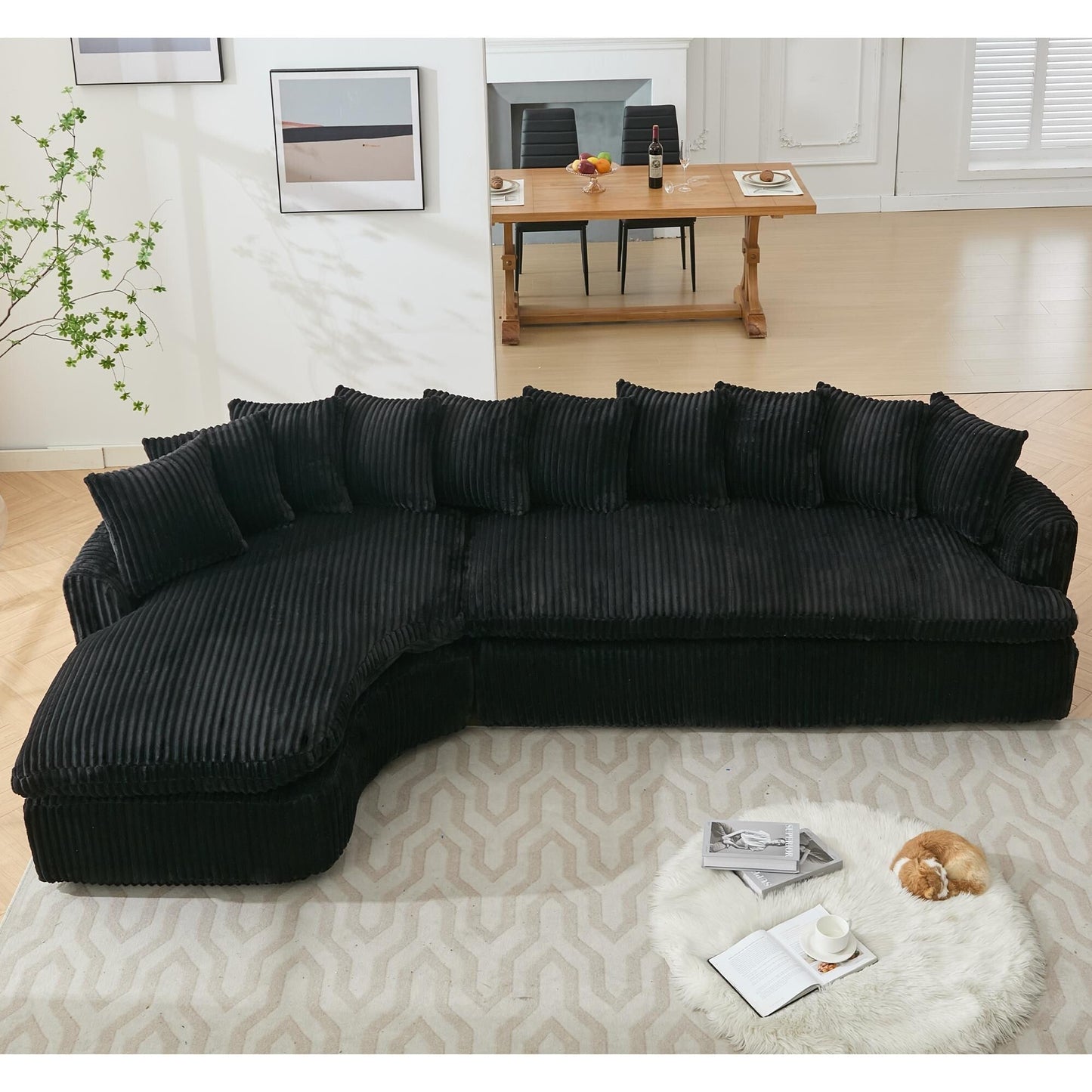 Modern L-Shaped Corduroy 4-Seat Modular Sectional Sofa with Curved Design and Back Cushions for Living Room