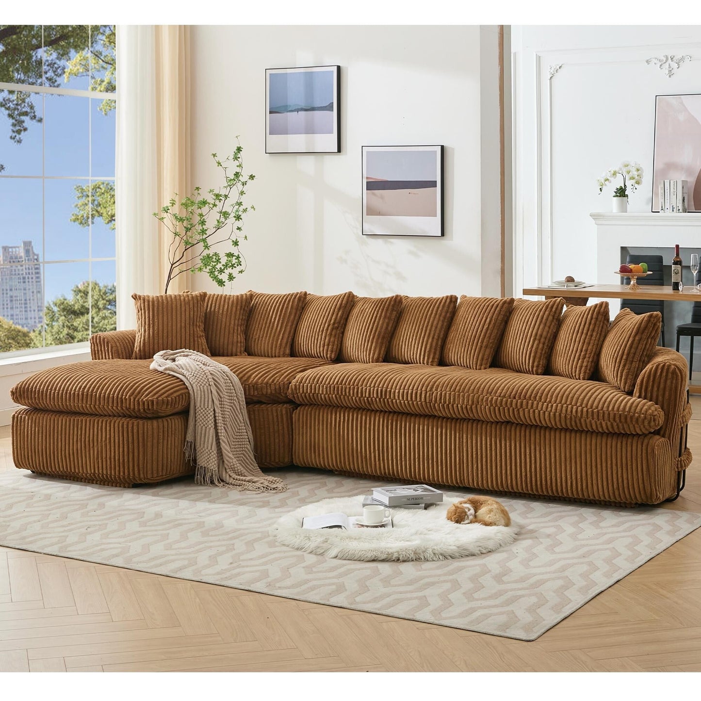 Modern L-Shaped Corduroy 4-Seat Modular Sectional Sofa with Curved Design and Back Cushions for Living Room