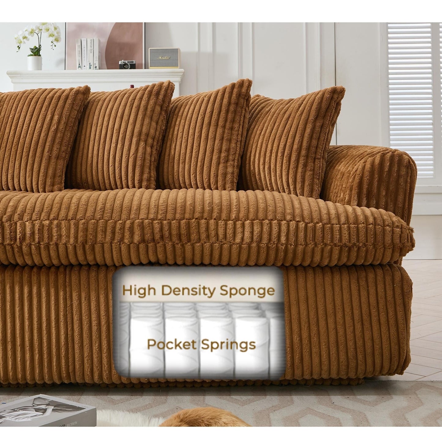 Modern L-Shaped Corduroy 4-Seat Modular Sectional Sofa with Curved Design and Back Cushions for Living Room