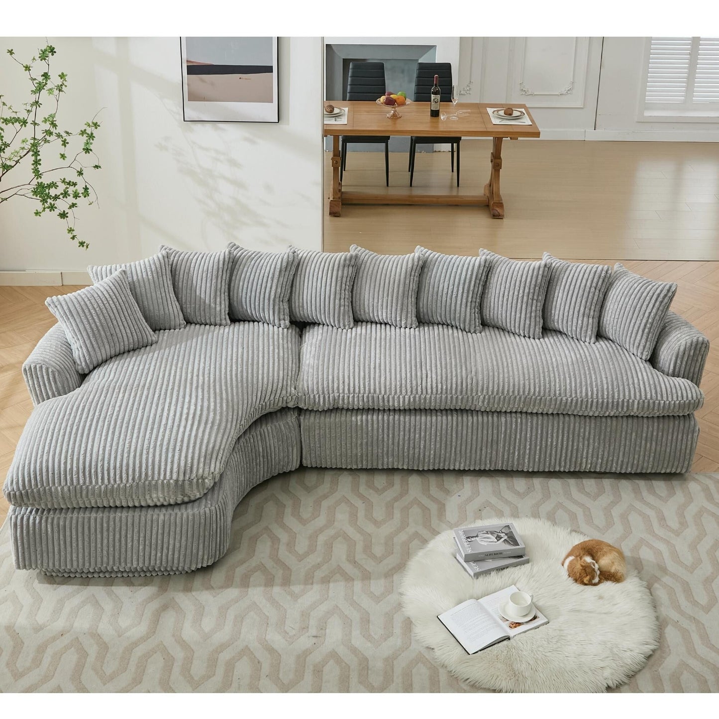 Modern L-Shaped Corduroy 4-Seat Modular Sectional Sofa with Curved Design and Back Cushions for Living Room