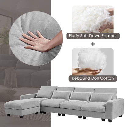 Modern L-Shaped Feather-Filled Sectional Sofa with Reversible Chaise and Pillows for Living Room