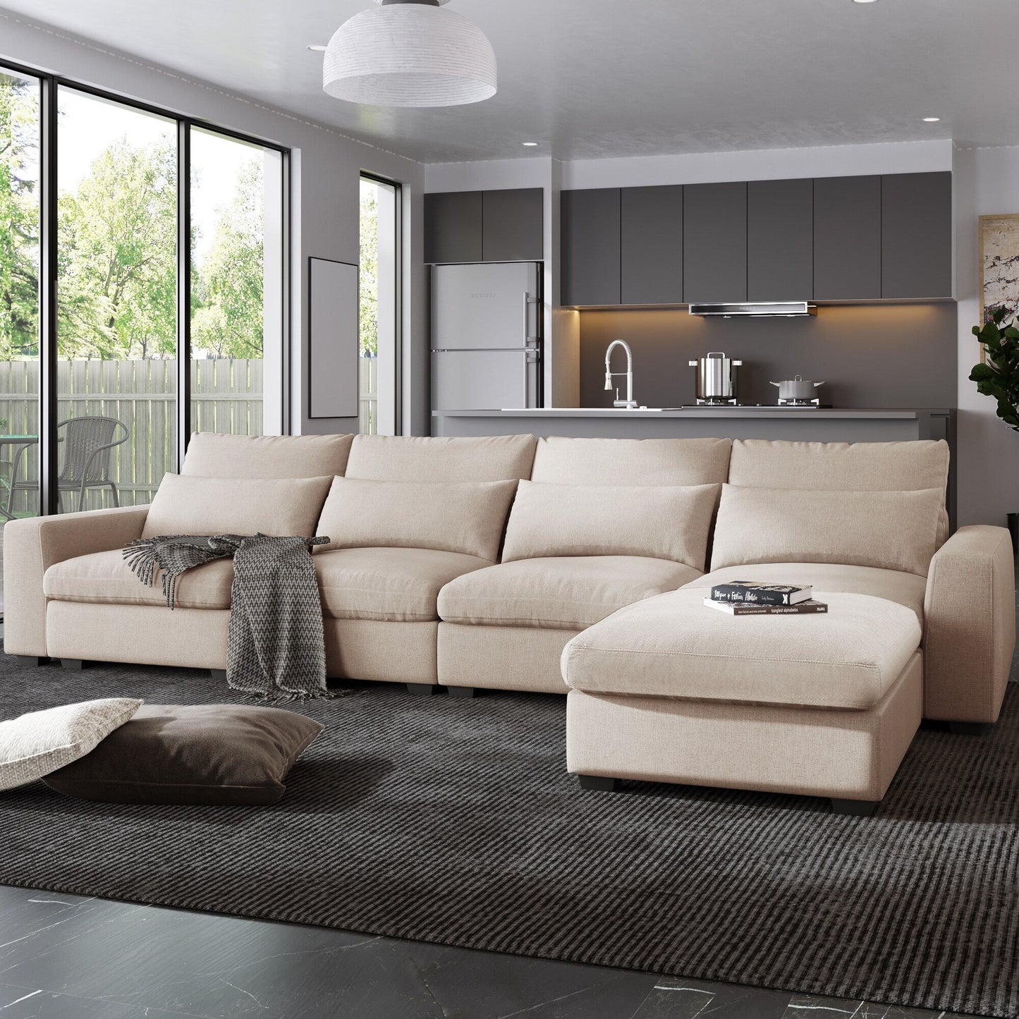 Modern L-Shaped Feather-Filled Sectional Sofa with Reversible Chaise and Pillows for Living Room