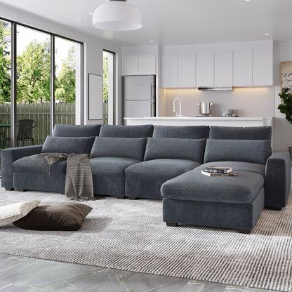 Modern L-Shaped Feather-Filled Sectional Sofa with Reversible Chaise and Pillows for Living Room