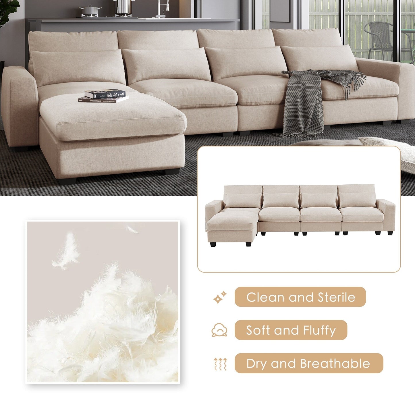 Modern L-Shaped Feather-Filled Sectional Sofa with Reversible Chaise and Pillows for Living Room