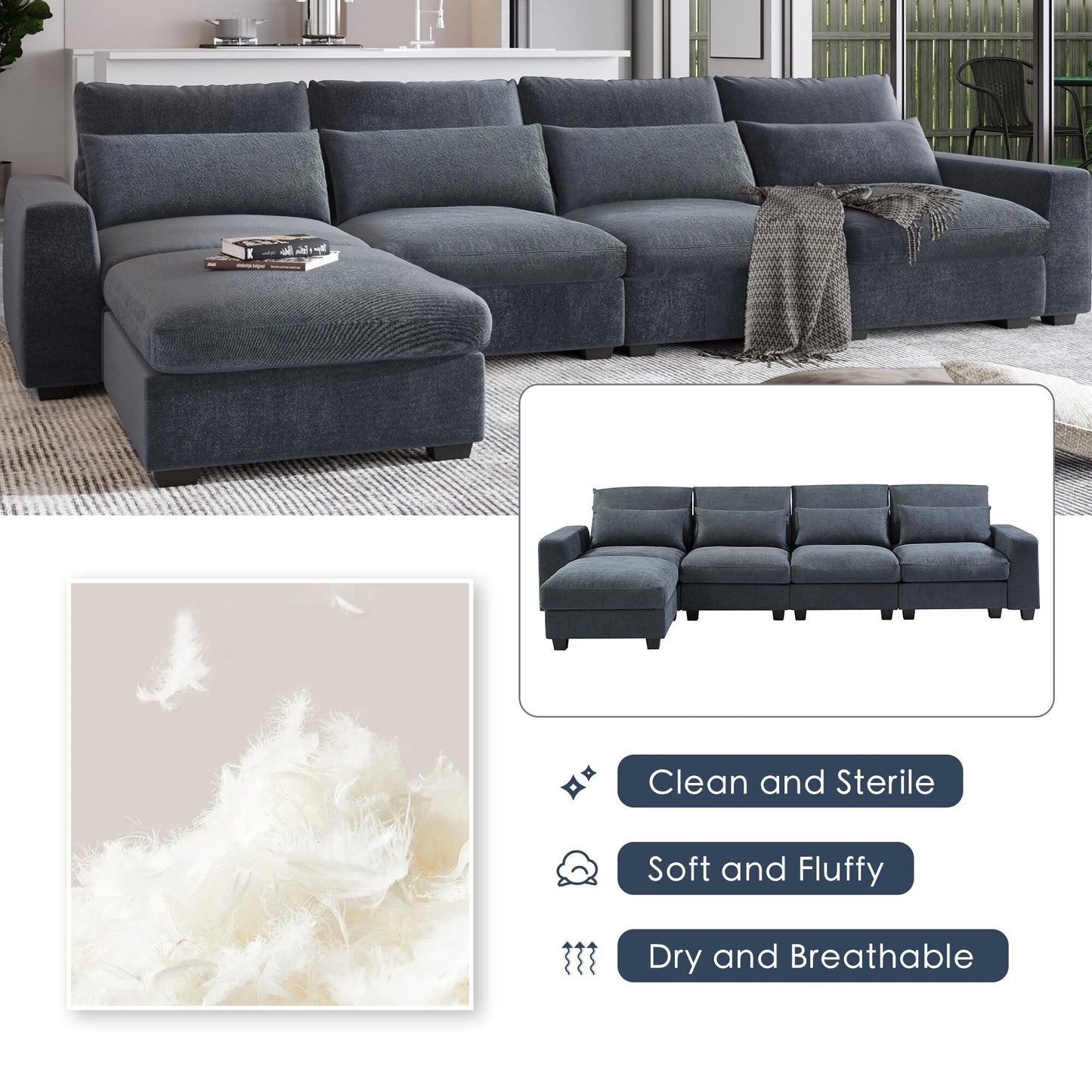 Modern L-Shaped Feather-Filled Sectional Sofa with Reversible Chaise and Pillows for Living Room