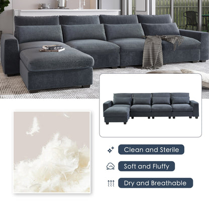 Modern L-Shaped Feather-Filled Sectional Sofa with Reversible Chaise and Pillows for Living Room