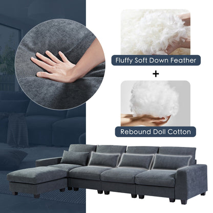 Modern L-Shaped Feather-Filled Sectional Sofa with Reversible Chaise and Pillows for Living Room