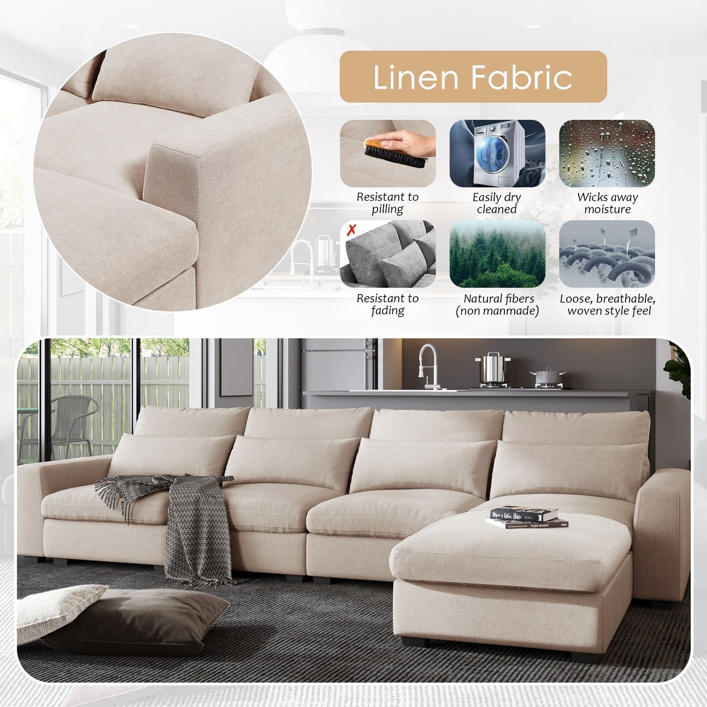 Modern L-Shaped Feather-Filled Sectional Sofa with Reversible Chaise and Pillows for Living Room