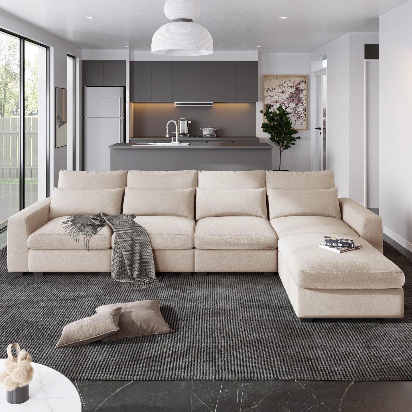 Modern L-Shaped Feather-Filled Sectional Sofa with Reversible Chaise and Pillows for Living Room