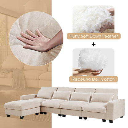 Modern L-Shaped Feather-Filled Sectional Sofa with Reversible Chaise and Pillows for Living Room