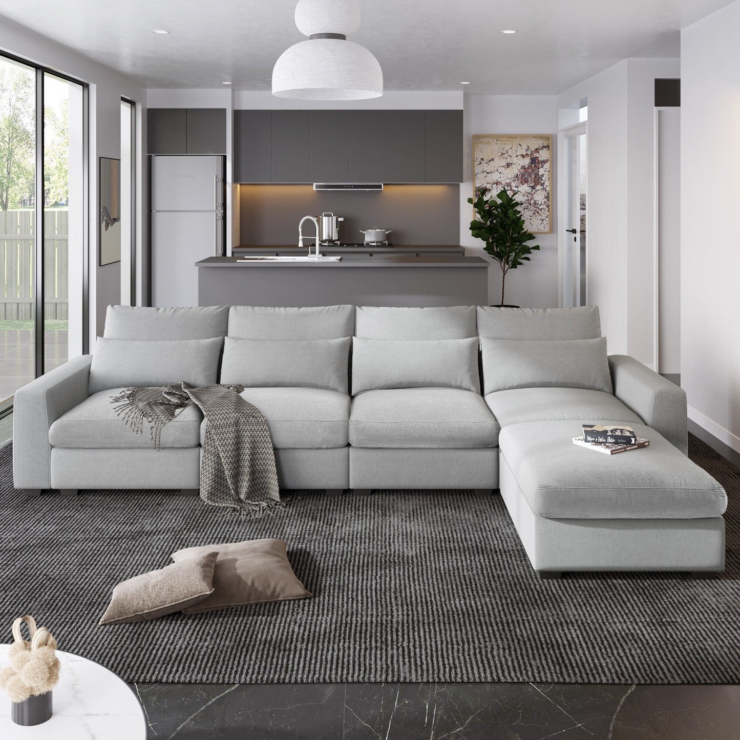Modern L-Shaped Feather-Filled Sectional Sofa with Reversible Chaise and Pillows for Living Room