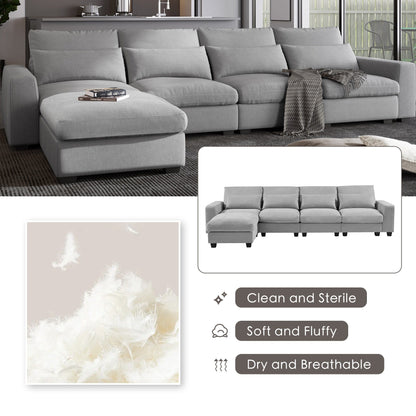 Modern L-Shaped Feather-Filled Sectional Sofa with Reversible Chaise and Pillows for Living Room