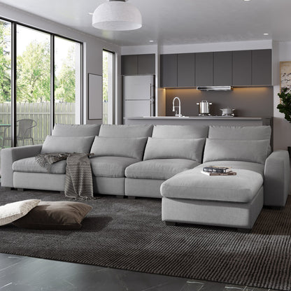 Modern L-Shaped Feather-Filled Sectional Sofa with Reversible Chaise and Pillows for Living Room
