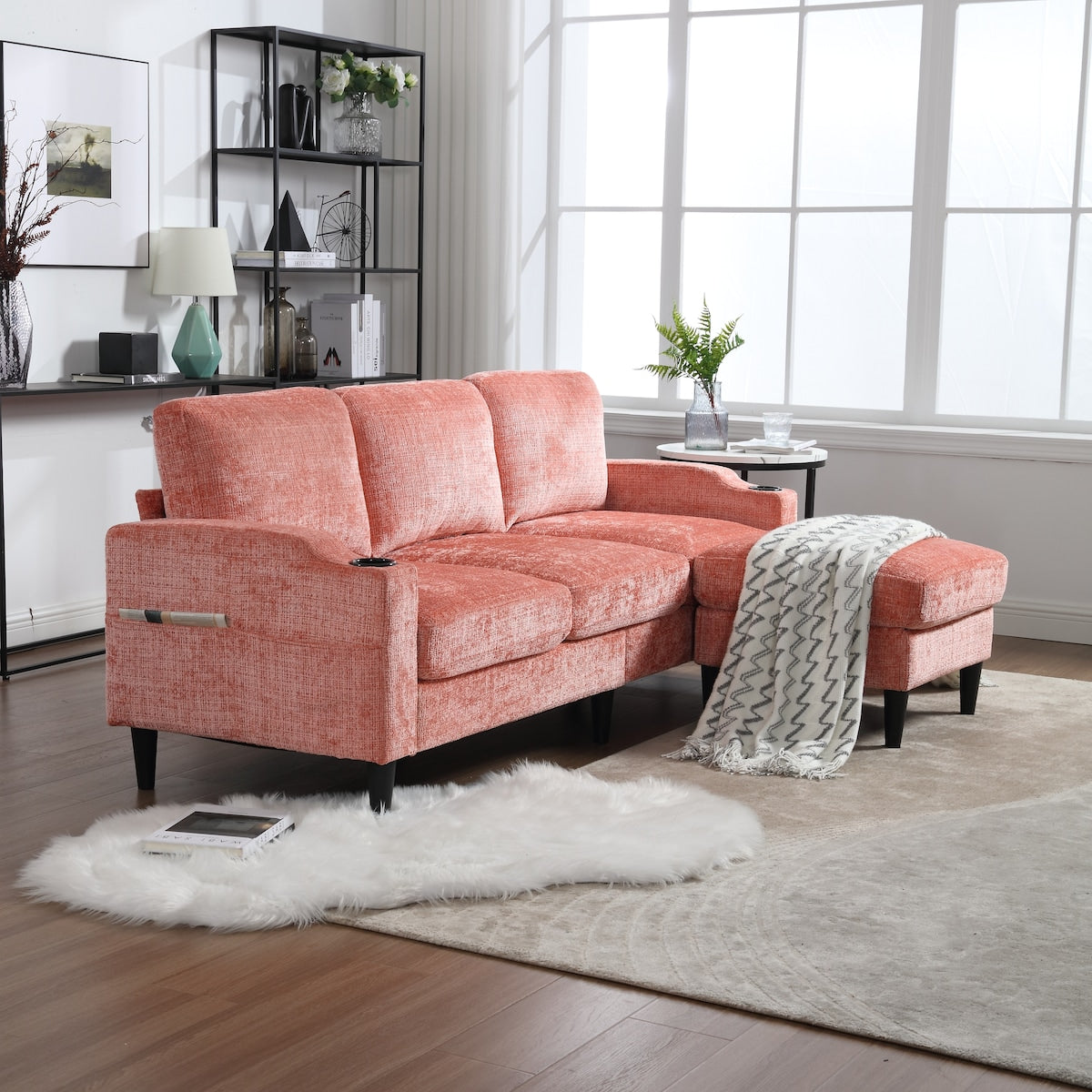 Modern L-Shaped Free-Combined Modular Sofa Couch With Storage Ottoman,Pillows,Cup Holders,Side Pockets, 3 Seat