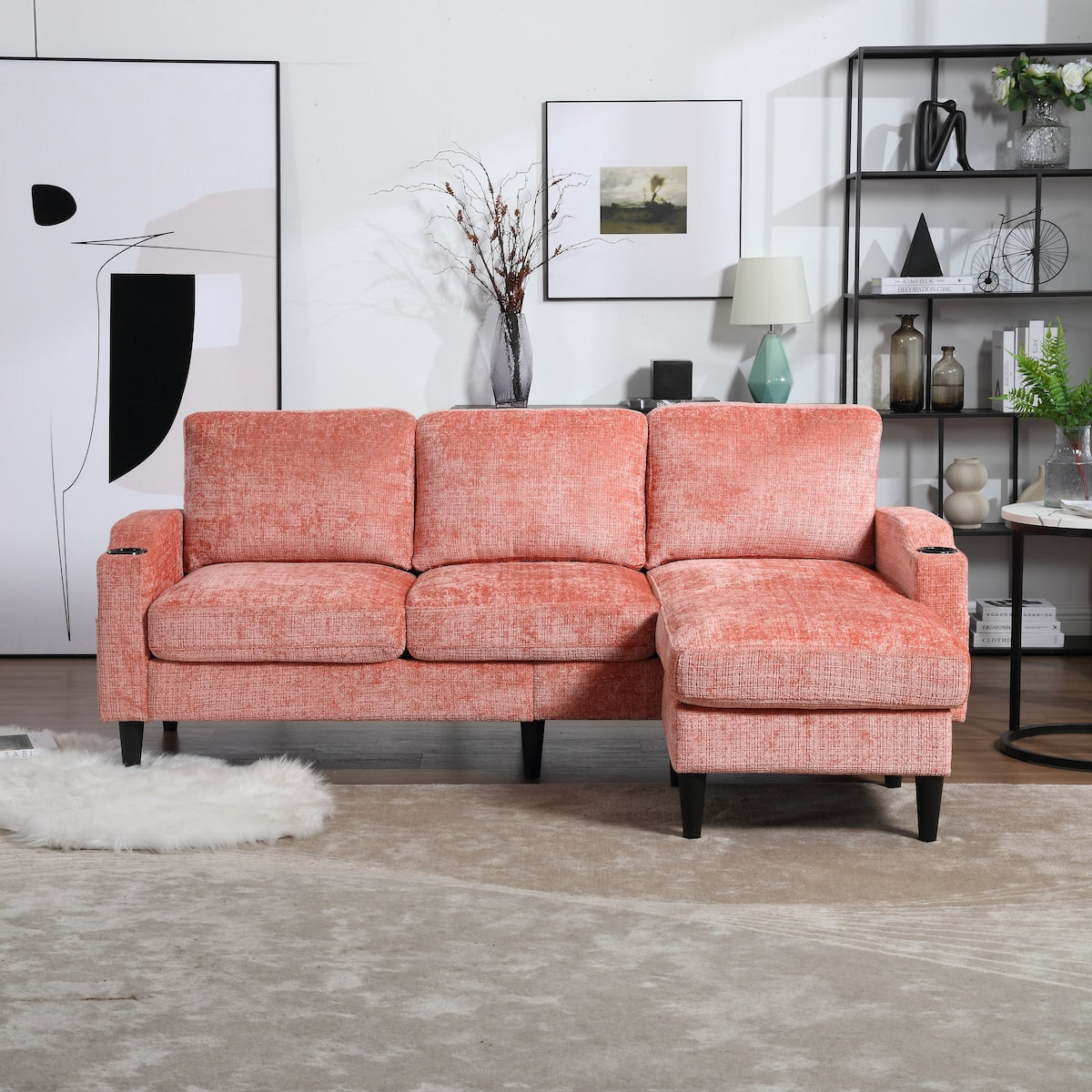 Modern L-Shaped Free-Combined Modular Sofa Couch With Storage Ottoman,Pillows,Cup Holders,Side Pockets, 3 Seat