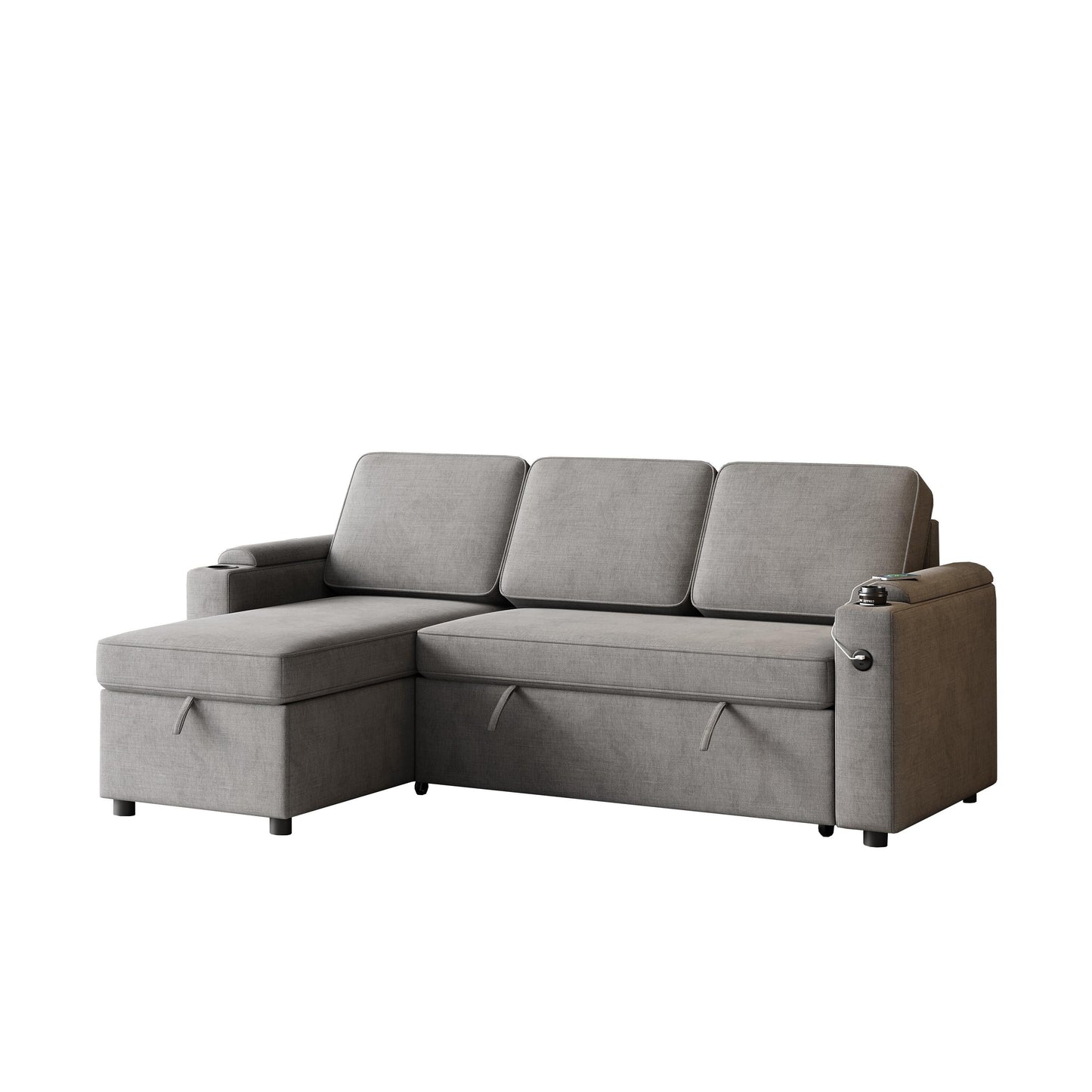 Modern L-Shaped Pull-Out Sofa Bed with Reversible Chaise, Storage, USB Charging and Cup Holders for Living Room