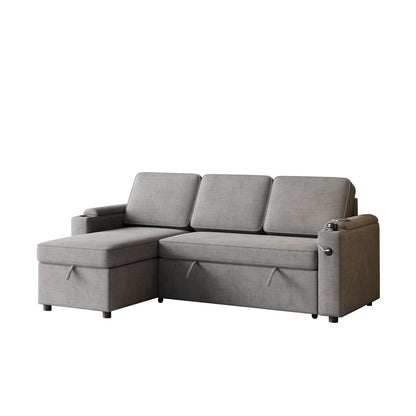Modern L-Shaped Pull-Out Sofa Bed with Reversible Chaise, Storage, USB Charging and Cup Holders for Living Room