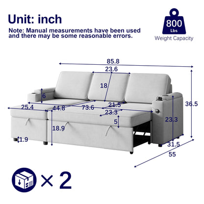 Modern L-Shaped Pull-Out Sofa Bed with Reversible Chaise, Storage, USB Charging and Cup Holders for Living Room