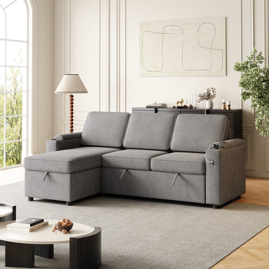 Modern L-Shaped Pull-Out Sofa Bed with Reversible Chaise, Storage, USB Charging and Cup Holders for Living Room