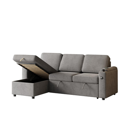 Modern L-Shaped Pull-Out Sofa Bed with Reversible Chaise, Storage, USB Charging and Cup Holders for Living Room
