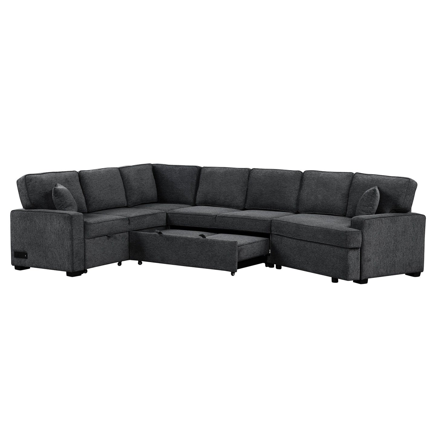 Modern L-Shaped Sectional Sofa with Pull-Out Bed, USB Ports and Drop-Down Cup Holder Tables for Living Room