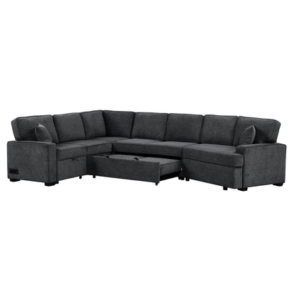 Modern L-Shaped Sectional Sofa with Pull-Out Bed, USB Ports and Drop-Down Cup Holder Tables for Living Room