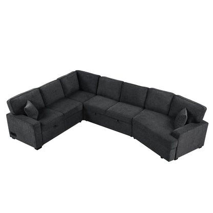 Modern L-Shaped Sectional Sofa with Pull-Out Bed, USB Ports and Drop-Down Cup Holder Tables for Living Room