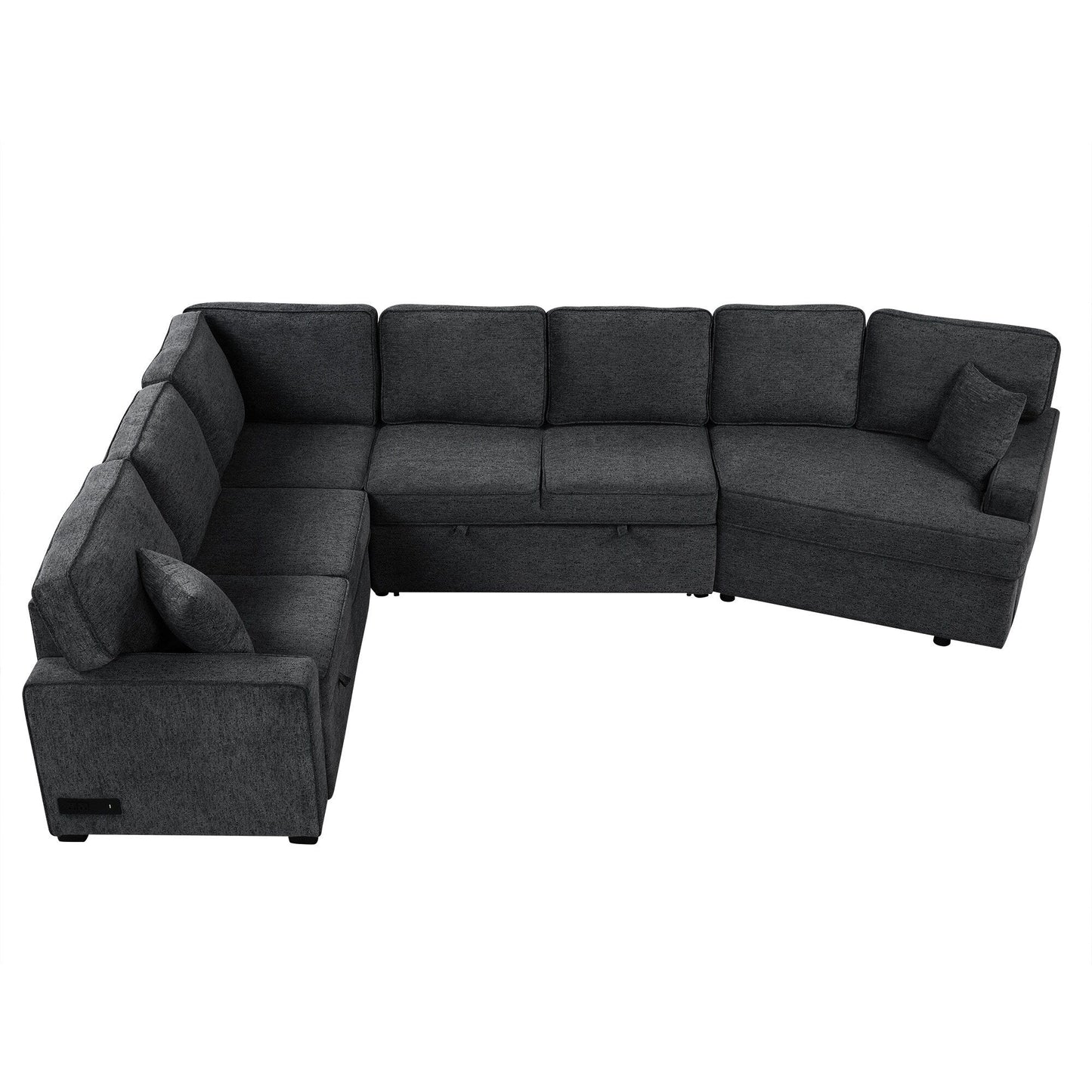 Modern L-Shaped Sectional Sofa with Pull-Out Bed, USB Ports and Drop-Down Cup Holder Tables for Living Room