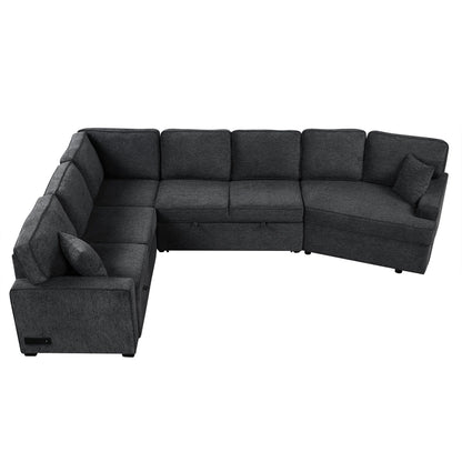 Modern L-Shaped Sectional Sofa with Pull-Out Bed, USB Ports and Drop-Down Cup Holder Tables for Living Room