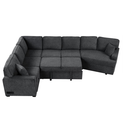 Modern L-Shaped Sectional Sofa with Pull-Out Bed, USB Ports and Drop-Down Cup Holder Tables for Living Room