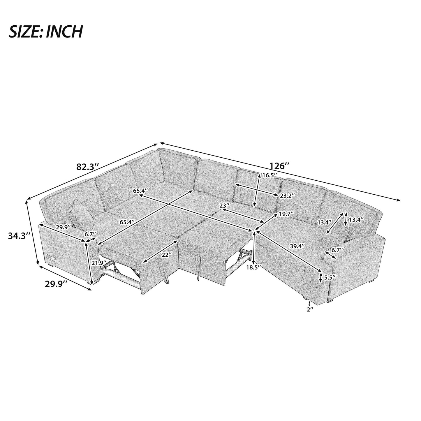 Modern L-Shaped Sectional Sofa with Pull-Out Bed, USB Ports and Drop-Down Cup Holder Tables for Living Room