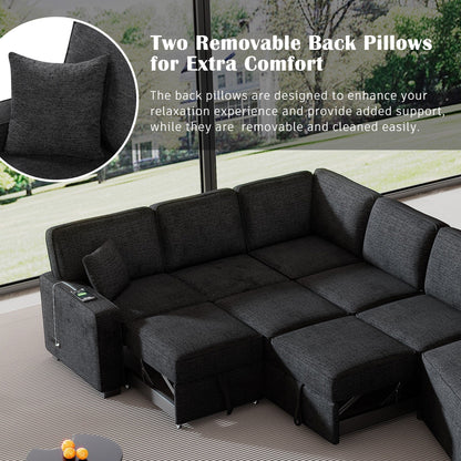 Modern L-Shaped Sectional Sofa with Pull-Out Bed, USB Ports and Drop-Down Cup Holder Tables for Living Room