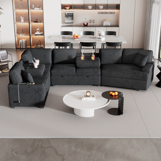 Modern L-Shaped Sectional Sofa with Pull-Out Bed, USB Ports and Drop-Down Cup Holder Tables for Living Room