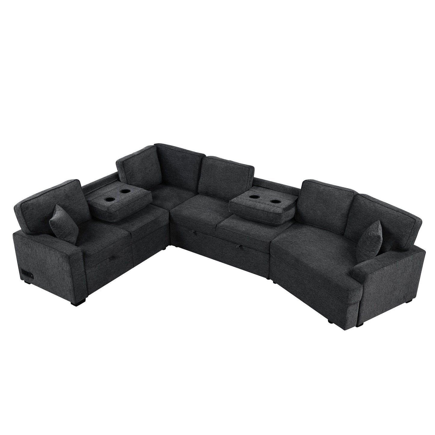 Modern L-Shaped Sectional Sofa with Pull-Out Bed, USB Ports and Drop-Down Cup Holder Tables for Living Room