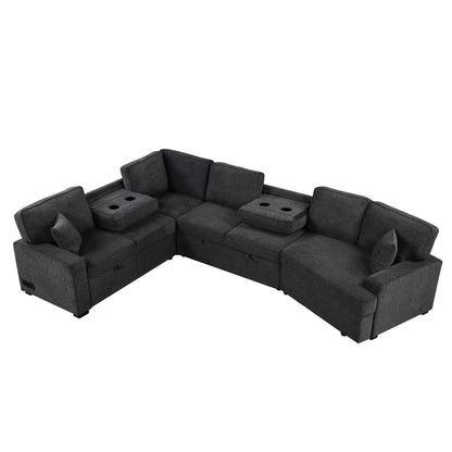 Modern L-Shaped Sectional Sofa with Pull-Out Bed, USB Ports and Drop-Down Cup Holder Tables for Living Room