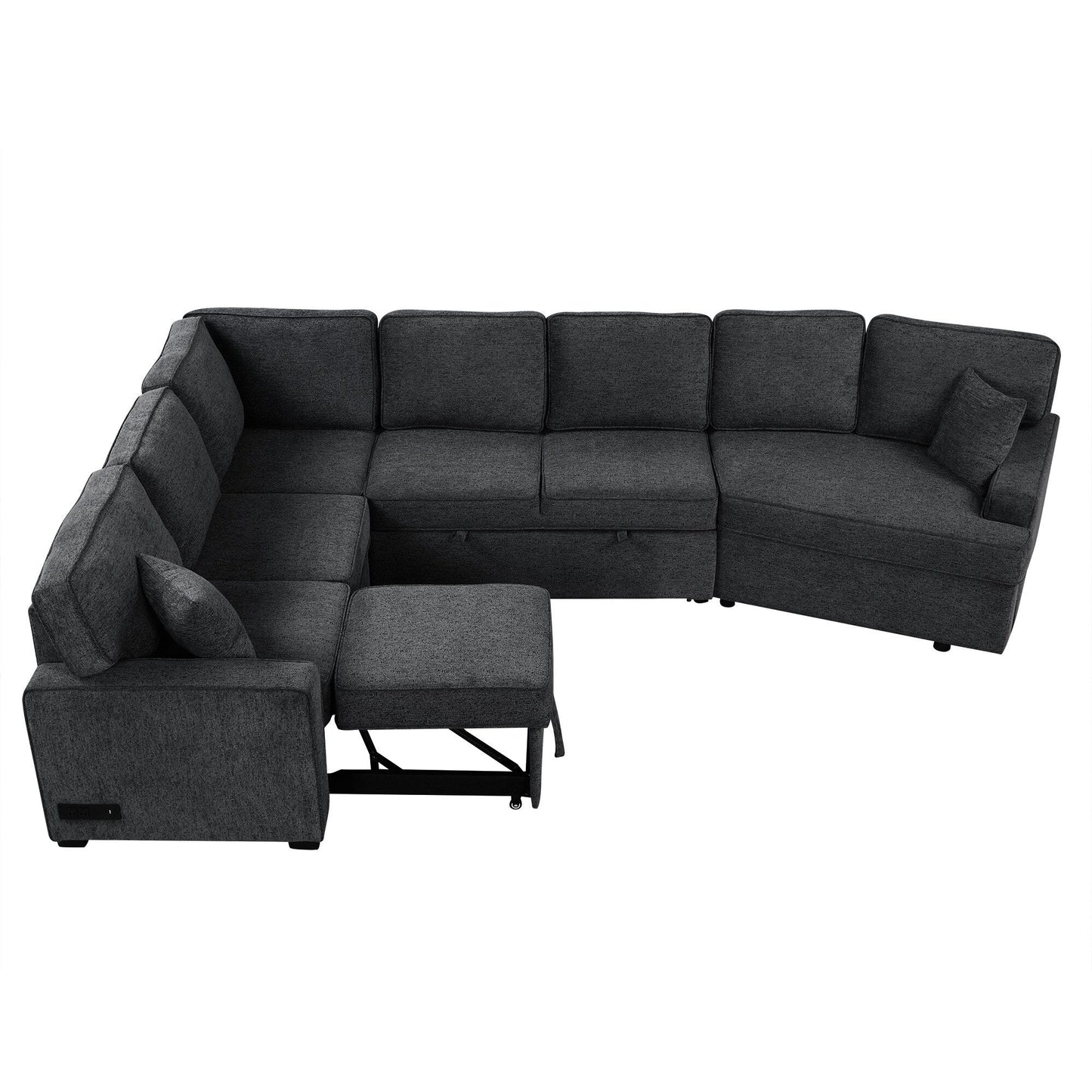 Modern L-Shaped Sectional Sofa with Pull-Out Bed, USB Ports and Drop-Down Cup Holder Tables for Living Room