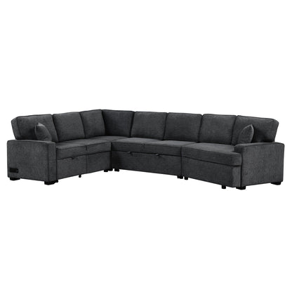 Modern L-Shaped Sectional Sofa with Pull-Out Bed, USB Ports and Drop-Down Cup Holder Tables for Living Room