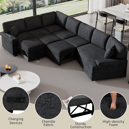 Modern L-Shaped Sectional Sofa with Pull-Out Bed, USB Ports and Drop-Down Cup Holder Tables for Living Room