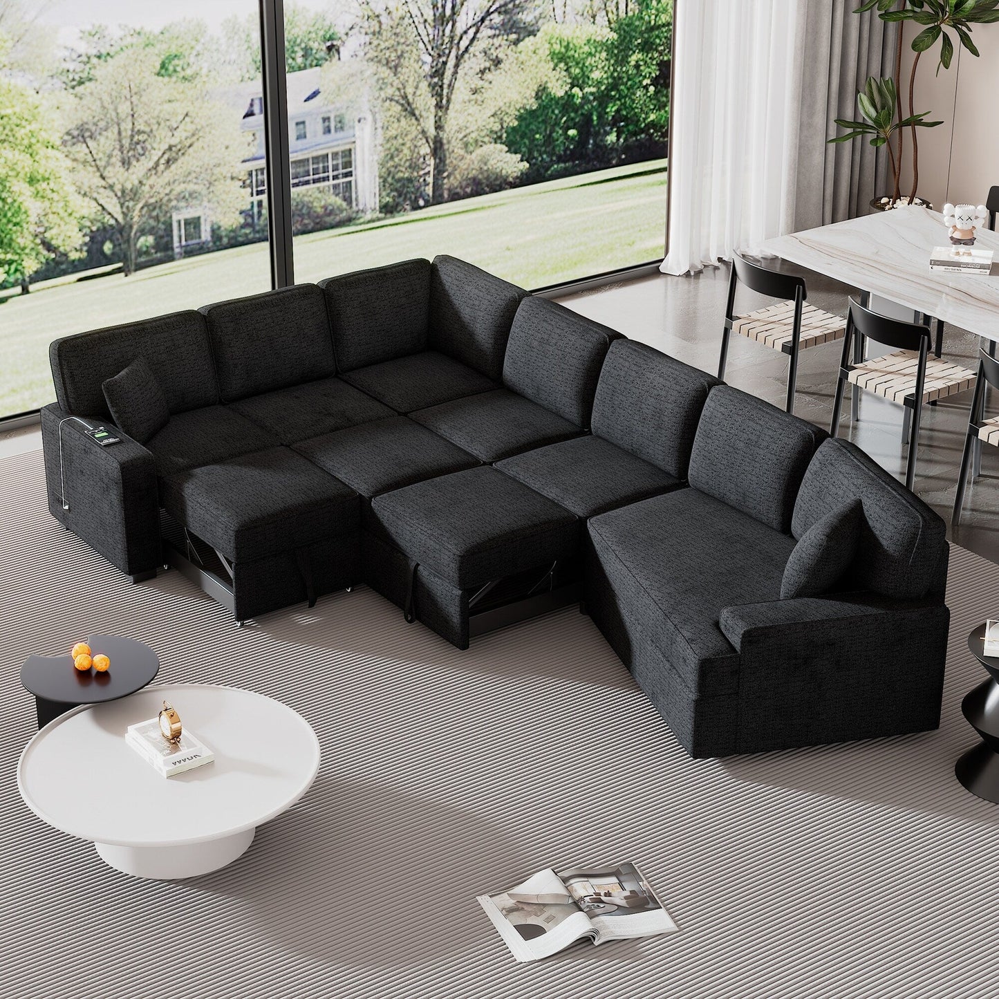 Modern L-Shaped Sectional Sofa with Pull-Out Bed, USB Ports and Drop-Down Cup Holder Tables for Living Room