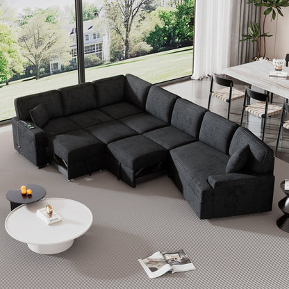 Modern L-Shaped Sectional Sofa with Pull-Out Bed, USB Ports and Drop-Down Cup Holder Tables for Living Room