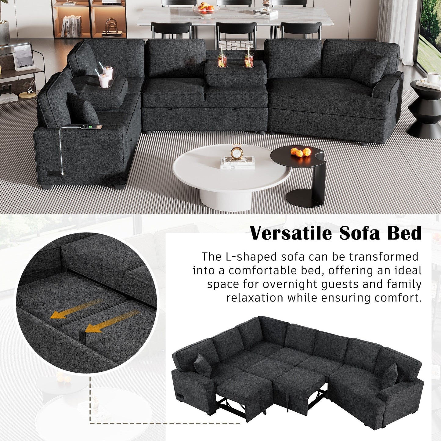Modern L-Shaped Sectional Sofa with Pull-Out Bed, USB Ports and Drop-Down Cup Holder Tables for Living Room