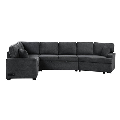 Modern L-Shaped Sectional Sofa with Pull-Out Bed, USB Ports and Drop-Down Cup Holder Tables for Living Room