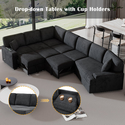 Modern L-Shaped Sectional Sofa with Pull-Out Bed, USB Ports and Drop-Down Cup Holder Tables for Living Room