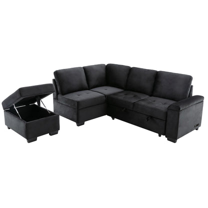 Modern L Shaped Velvet Couch Sleeper, Corner Sectional Sofa Bed with Storage Ottoman & Hidden Arm Storage & USB Charge