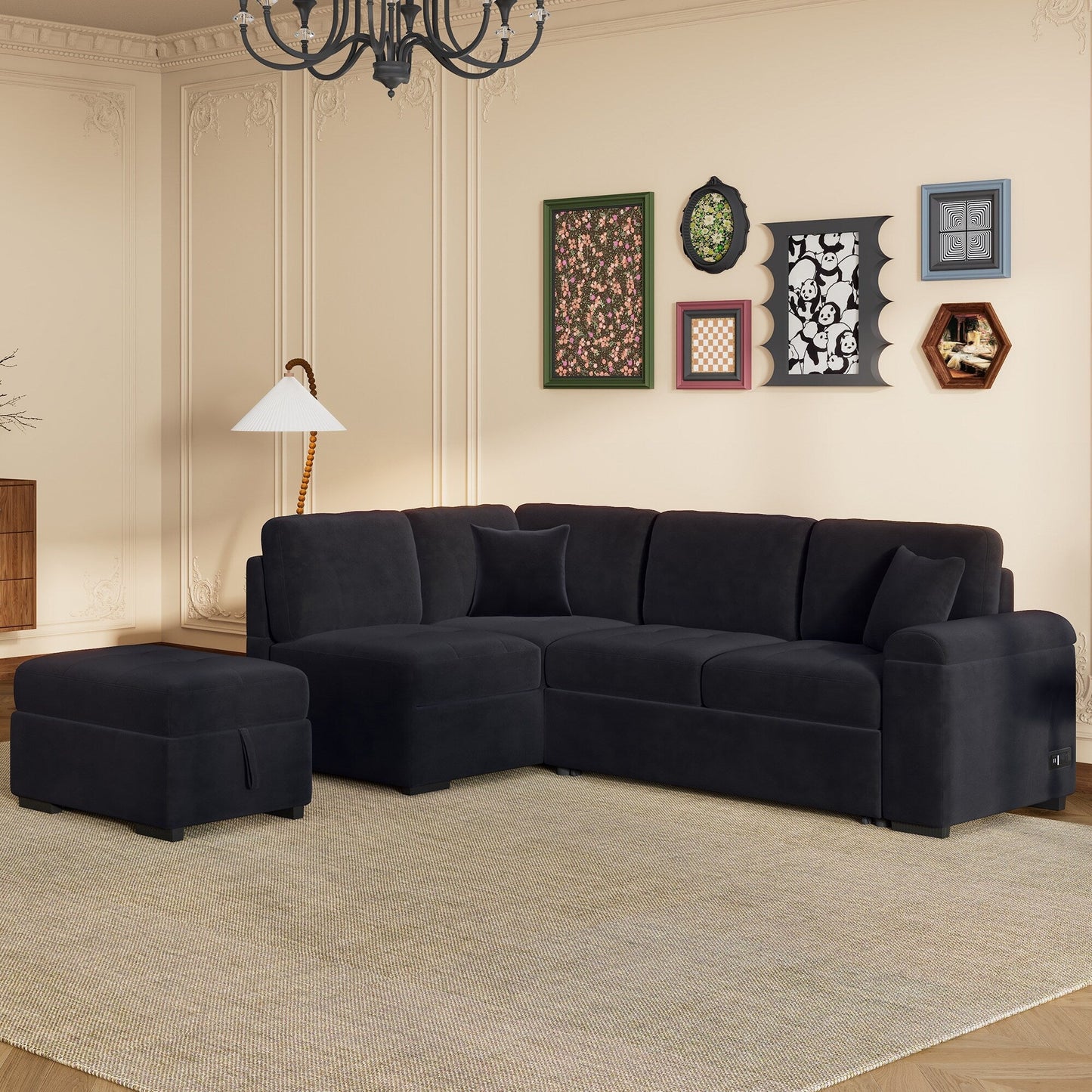 Modern L Shaped Velvet Couch Sleeper, Corner Sectional Sofa Bed with Storage Ottoman & Hidden Arm Storage & USB Charge