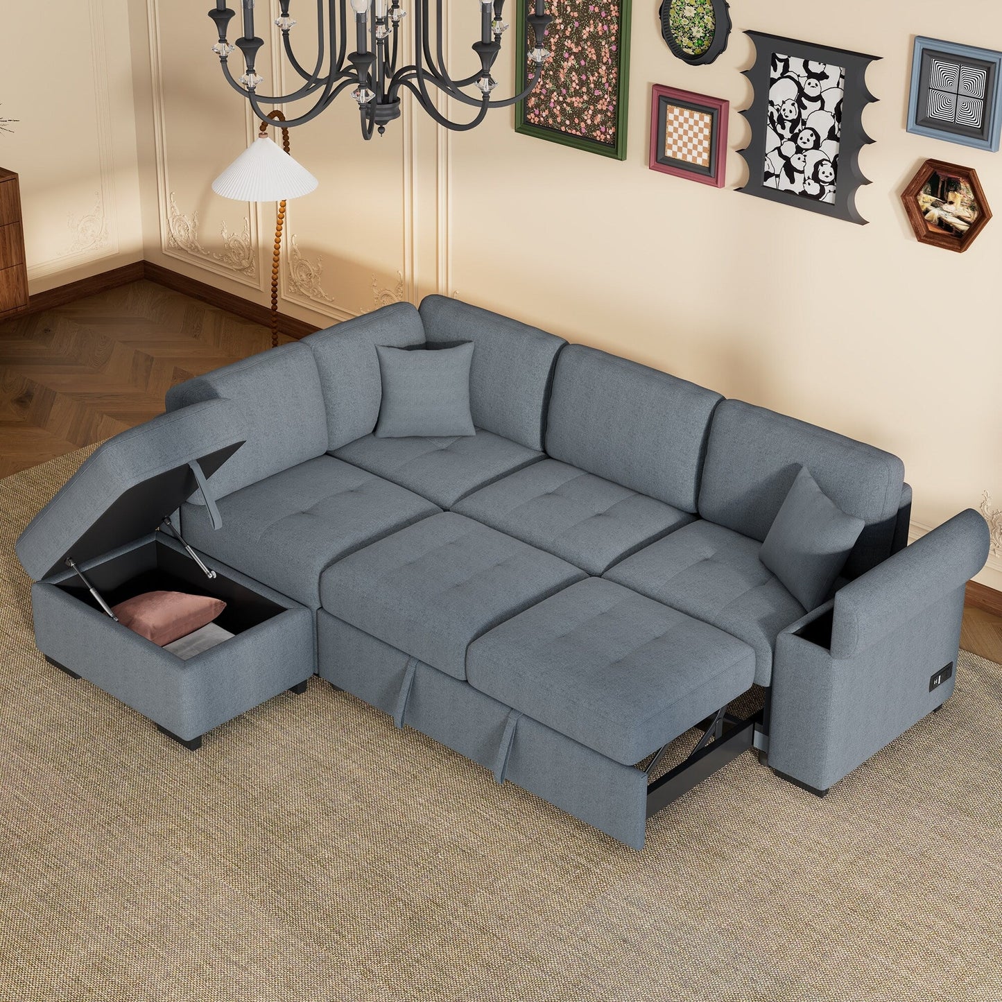 Modern L Shaped Velvet Couch Sleeper, Corner Sectional Sofa Bed with Storage Ottoman & Hidden Arm Storage & USB Charge