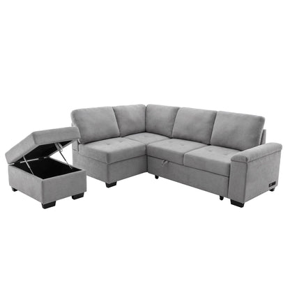 Modern L Shaped Velvet Couch Sleeper, Corner Sectional Sofa Bed with Storage Ottoman & Hidden Arm Storage & USB Charge