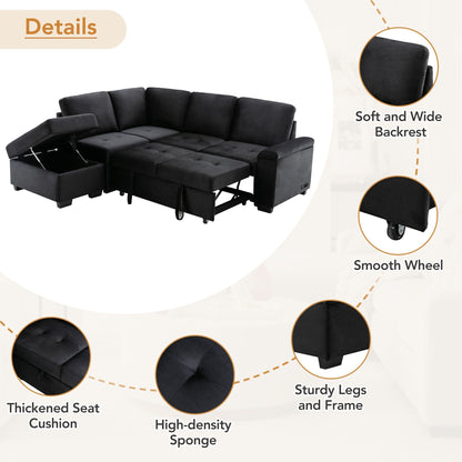 Modern L Shaped Velvet Couch Sleeper, Corner Sectional Sofa Bed with Storage Ottoman & Hidden Arm Storage & USB Charge